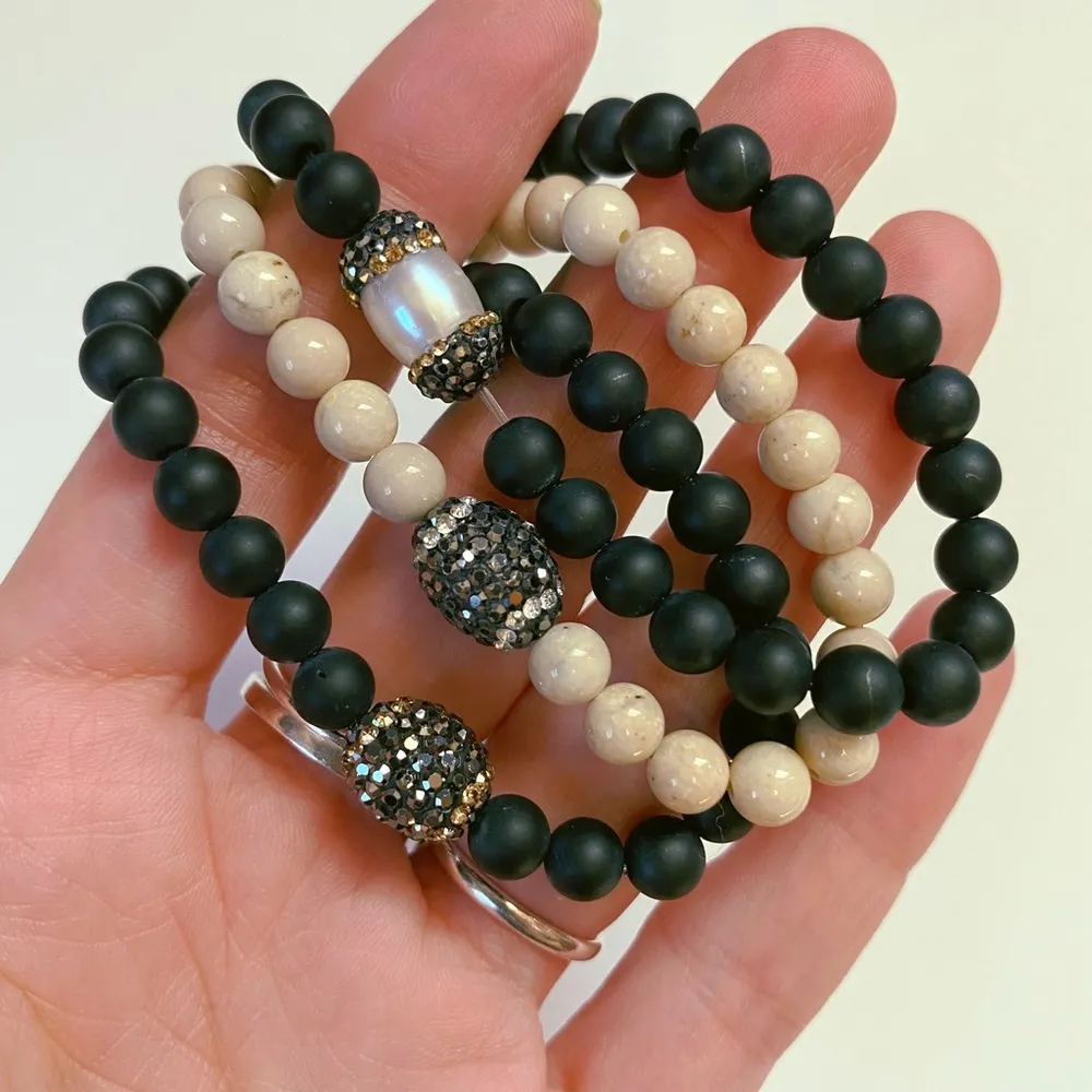 Gemstone Bracelet Stack Of Three Beaded Bracelets With Egg CZ Focal Beads - Image 2