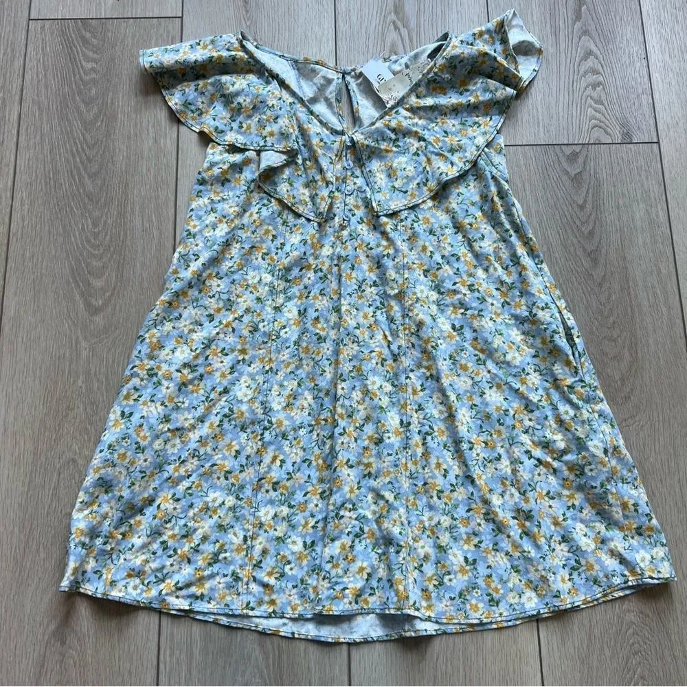 Hem & Thread NWT Peony Floral Ruffle Mini Dress Blue and Yellow Linen Size Small - Image 11