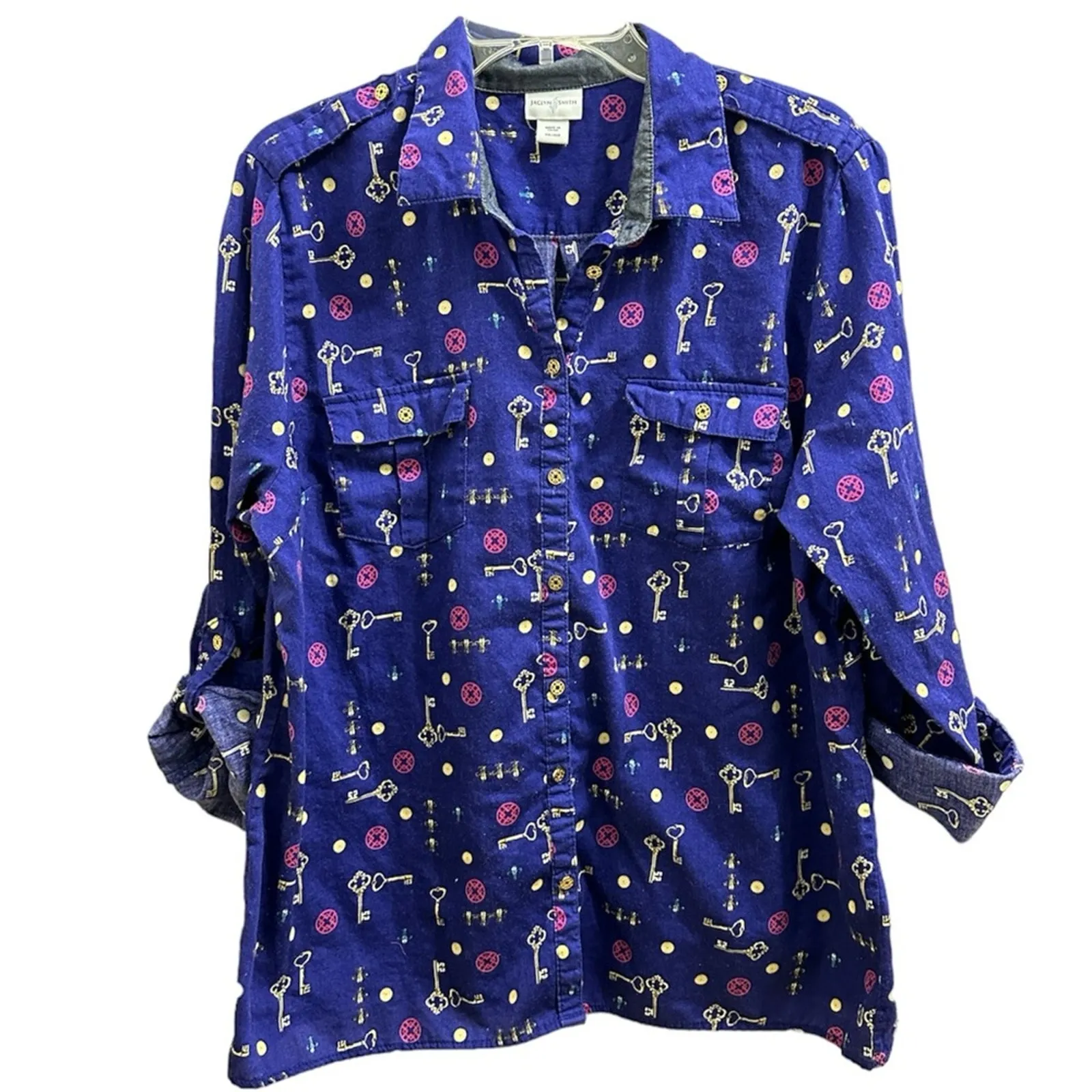 Jaclyn Smith Purple Key Pattern Long-sleeve Button Up XL 80's 90's Style - Image 2