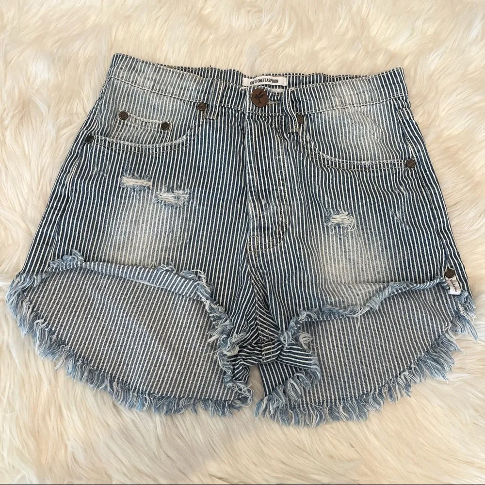 One Teaspoon 25 Blue Striped Distressed Outlaws Low Waist Button Fly Denim Short - Image 3
