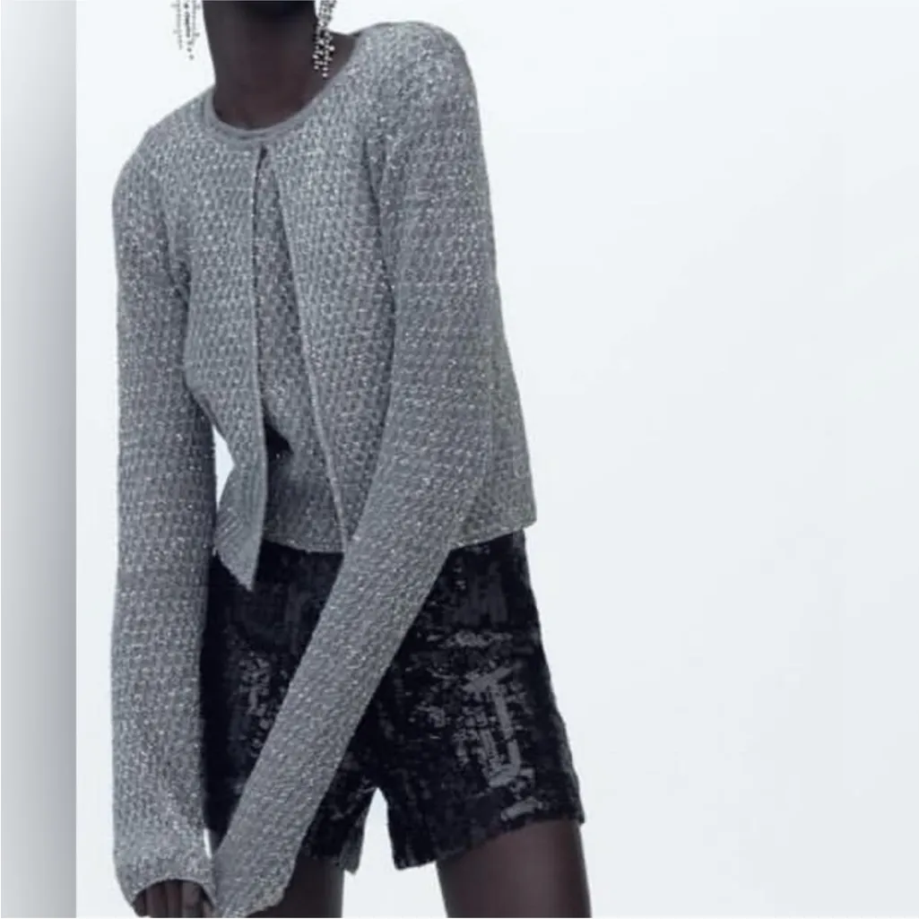 Zara NWT silver knit cardigan with metallic sequin sparkles - Image 2