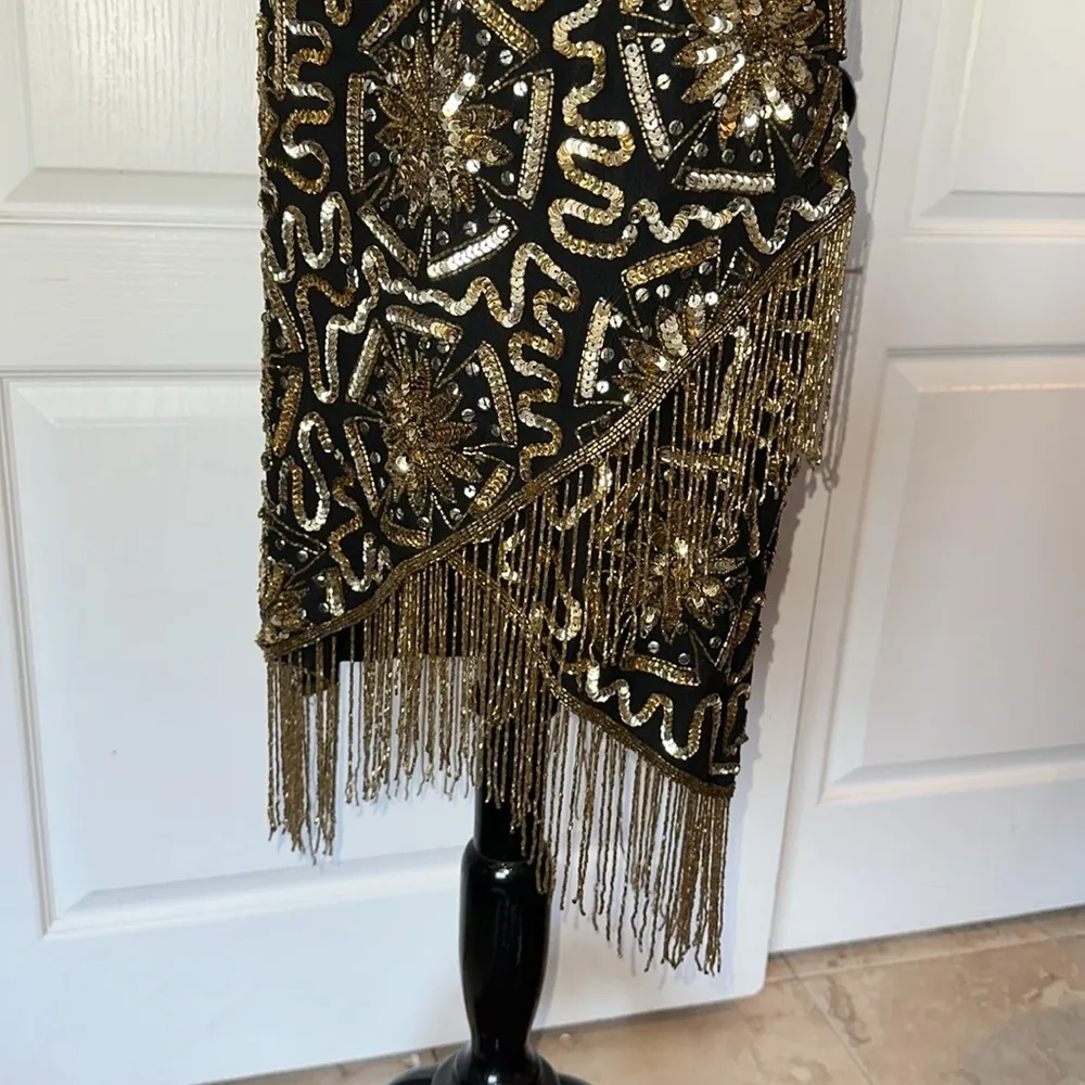 VTG CERVELLE SILK BLACK & GOLD SEQUIN BEADED FRINGE DRESS PARTY Holiday nye - Image 10