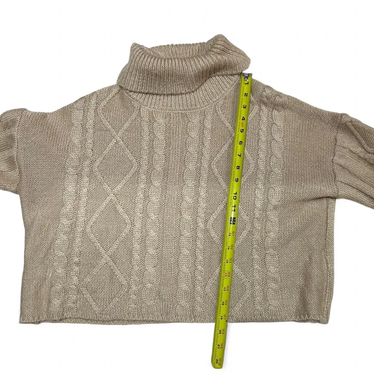 Tan Cable Knit Cropped Turtleneck Sweater Brown Size L - Image 4