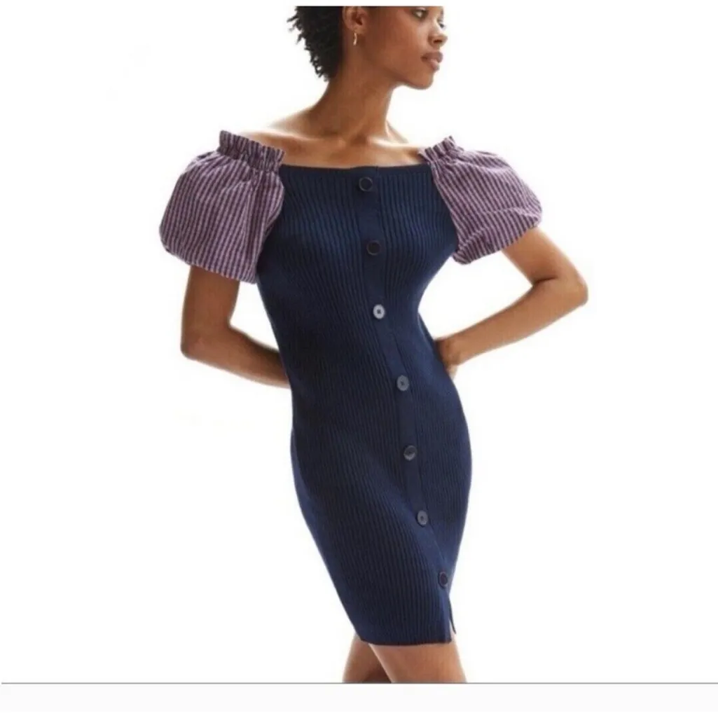 Maeve Navy Ribbed Knit Puff Gingham Mini Dress Size Medium - Image 3