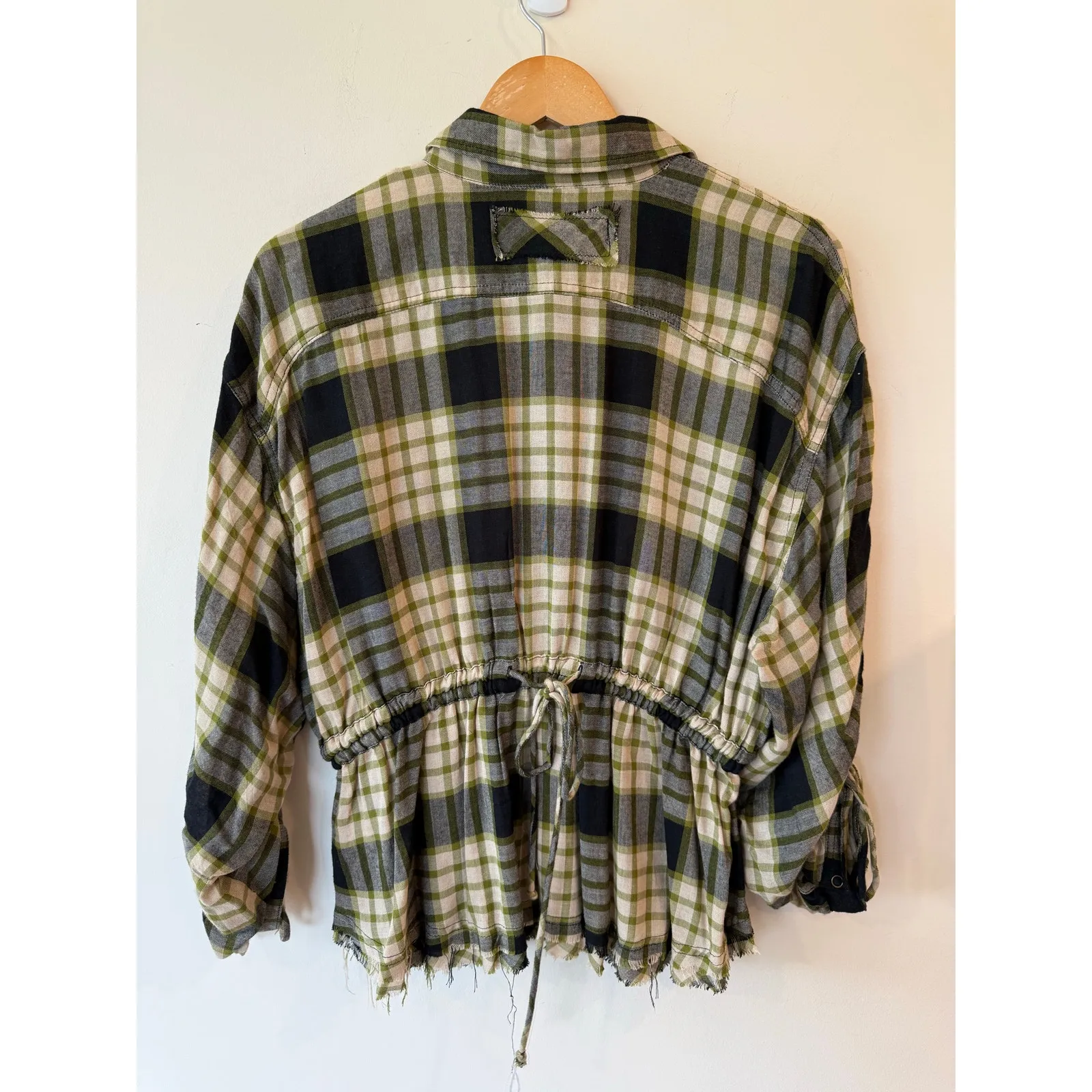We The Free Ruched Sleeve Fringe Hem Plaid Snap Button Shirt Black Women's Small - Image 2