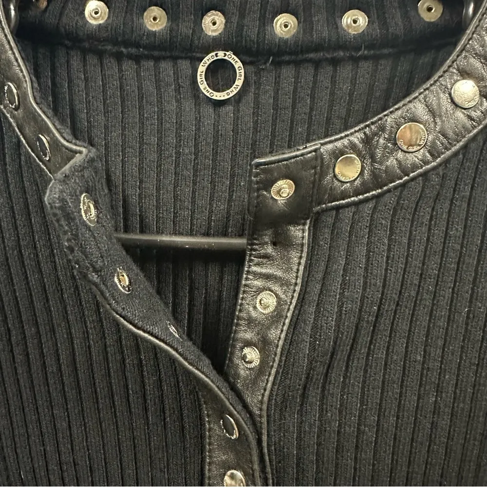 One Girl Who Black Genuine Leather Trim Ribbed Snap Button Up Cardigan Top Small - Image 11