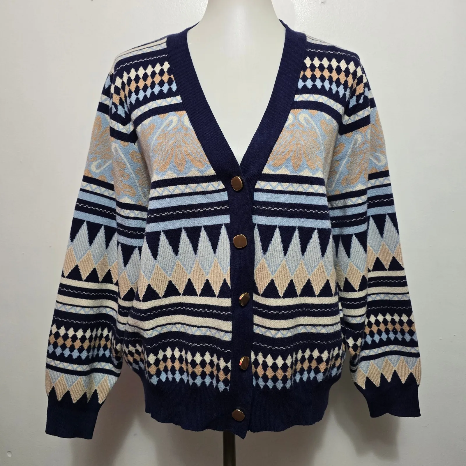Bobeau 2X Navy Blue Geometric Fair Isle Cardigan Bohemaian Eclectic Grandpa - Image 2