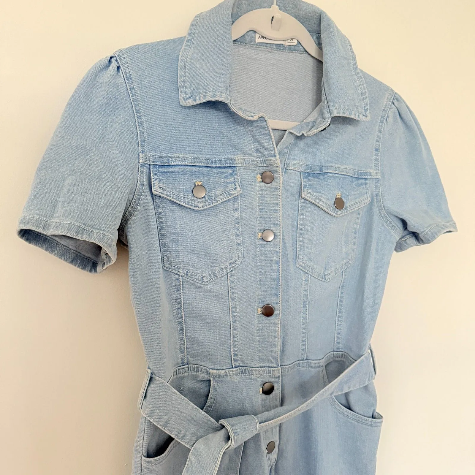 Avec Les Filles Denim Blue Wide Leg Belted Short Sleeve Fitted Jumpsuit Sz 29 - Image 9