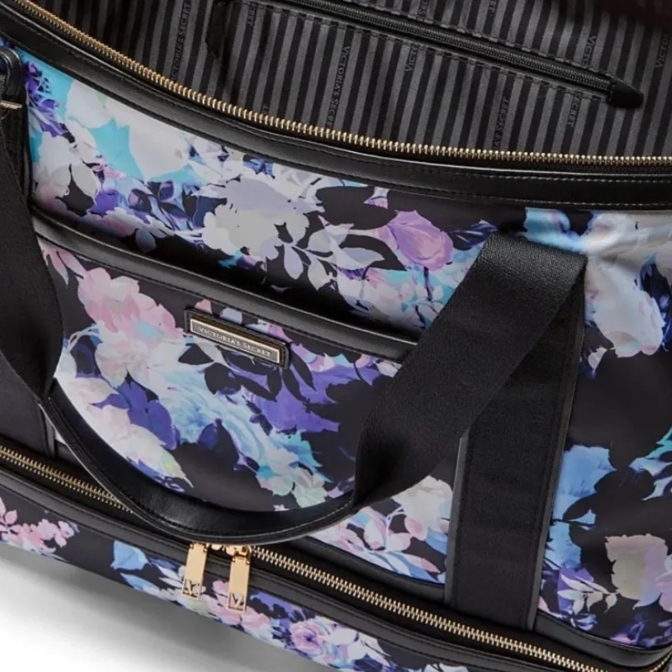 Victoria's Secret NWT VS Getaway Weekender Bag Floral Noir Black purple flower - Image 3