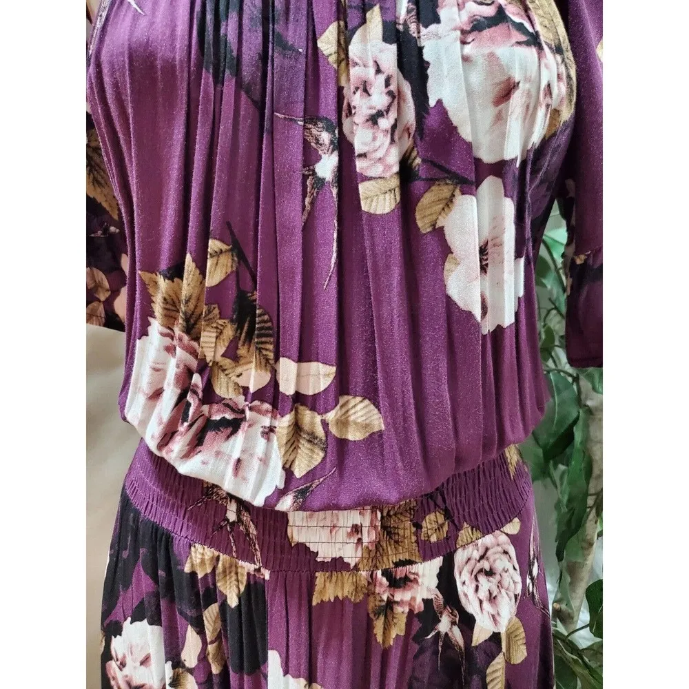 Jaase Women's Purple Floral Rayon Round Neck Half Sleeve Long Maxi Dress Small - Image 3