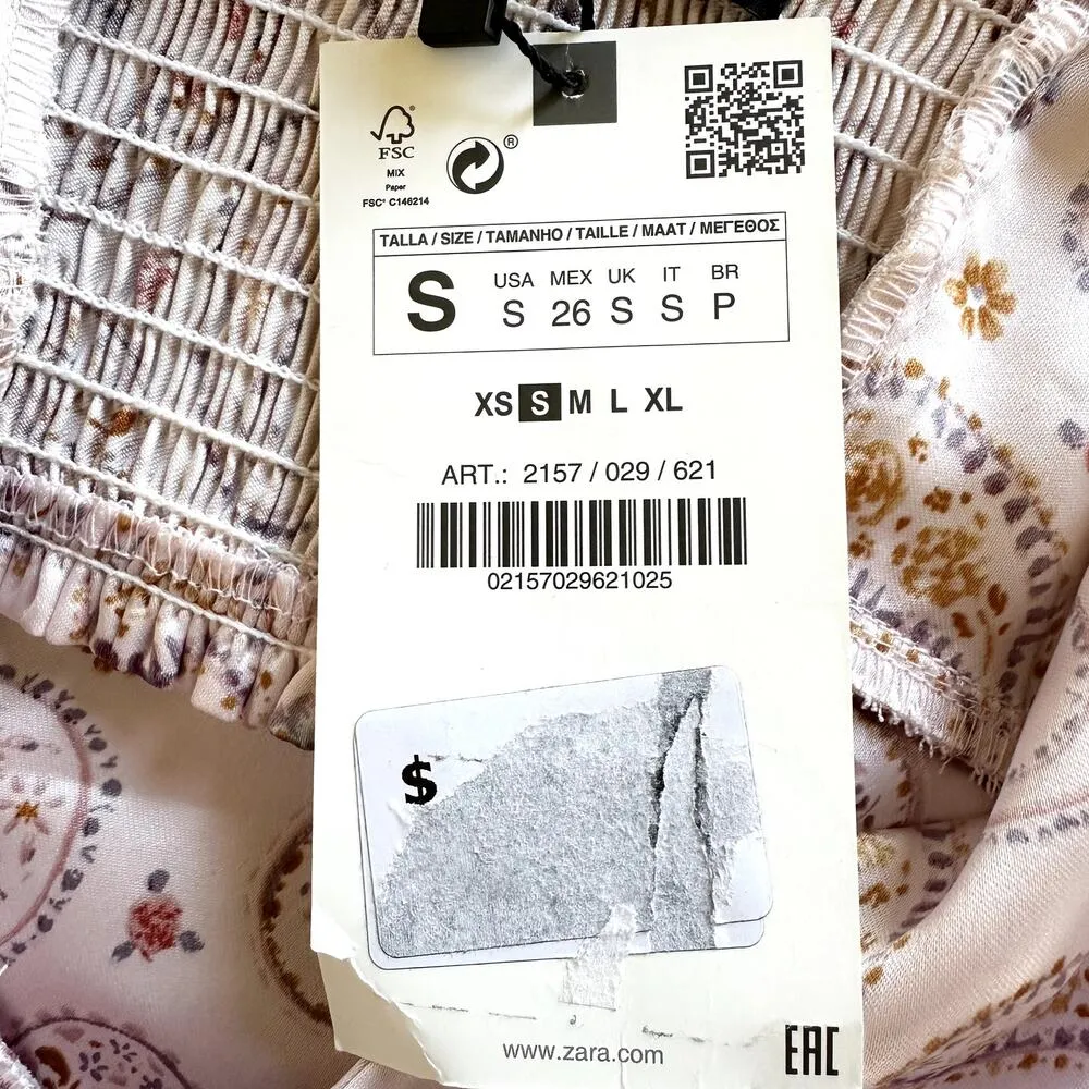 Zara Satin Paisley Print Crop Top Deep V Stretch Smocked Back Pink Small NWT - Image 4