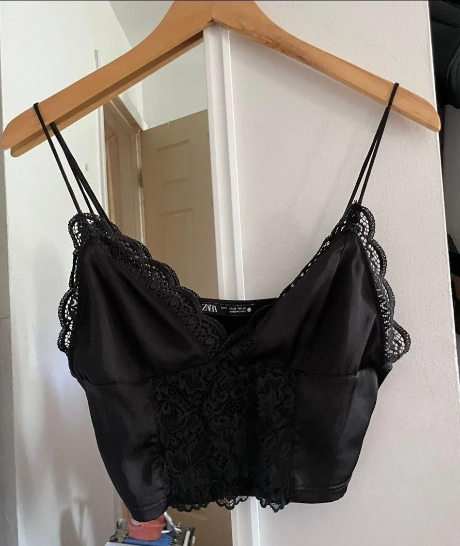 Black Combined Satin Lace Trim Cropped Bralette Top - Image 5