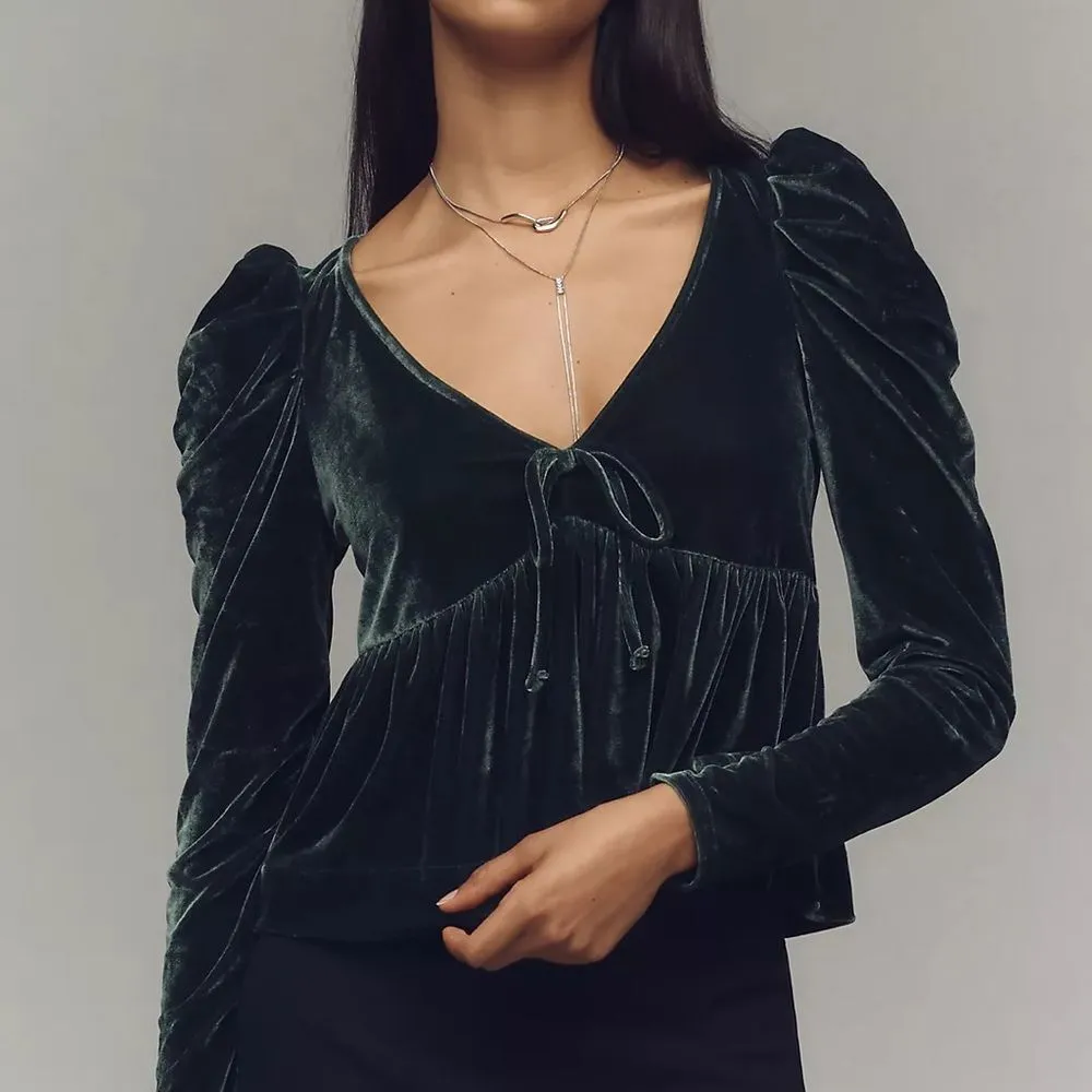 NWT Anthropologie Dark Green Maeve Velvet Babydoll top size XS, - Image 4