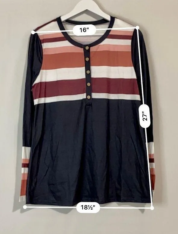Women’s Long Sleeve Button Down Striped Henley Tee Blue & White Size Large NWOT Multiple - Image 5