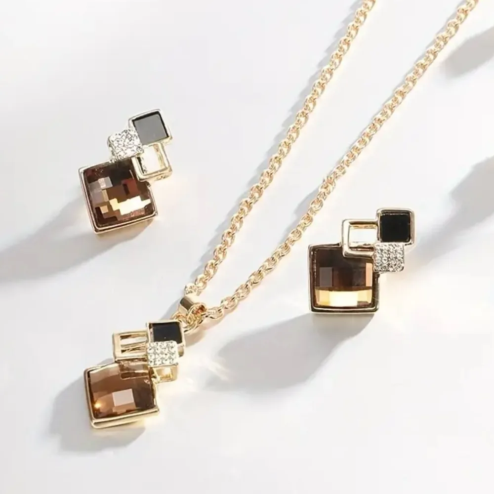 Square Design Necklace & Earrings Set NWT Brown - Image 3