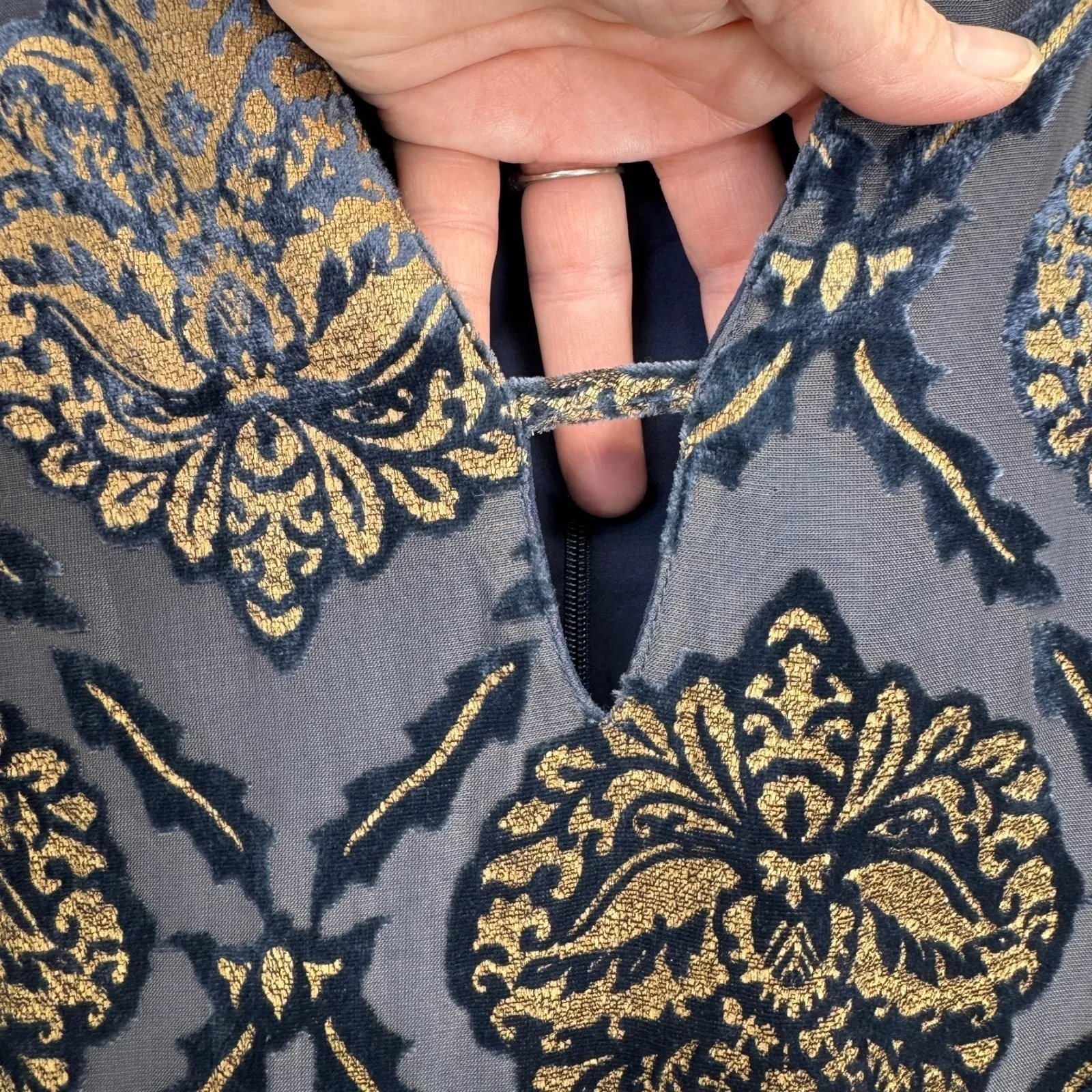 ASTR the Label Cold Shoulder Dress Womens Small Velvet Medallion Print Blue Gold - Image 14