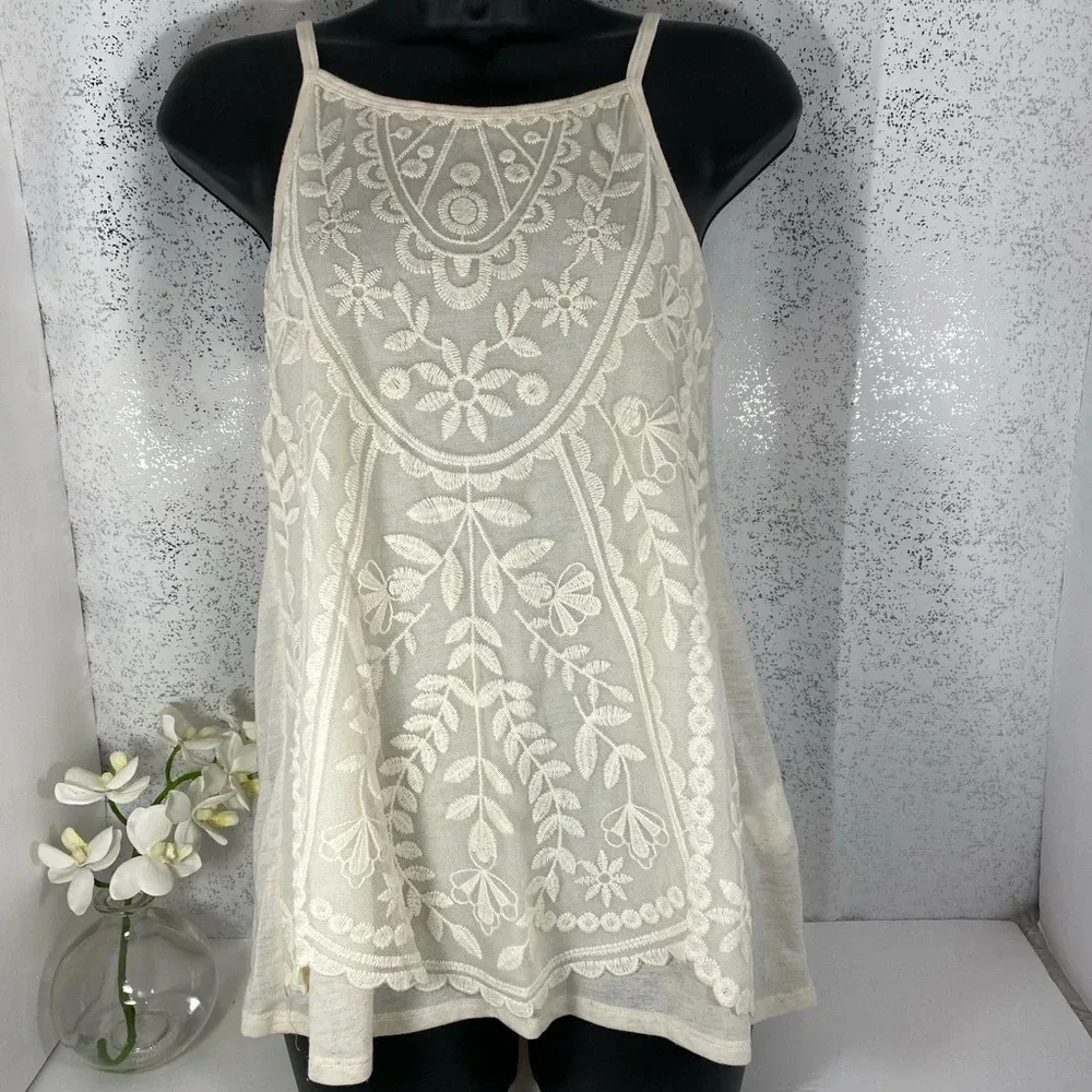 Rewind Women’s Small Ivory Embroidered Tank Top Boho Sleeveless Floral Detail - Image 11