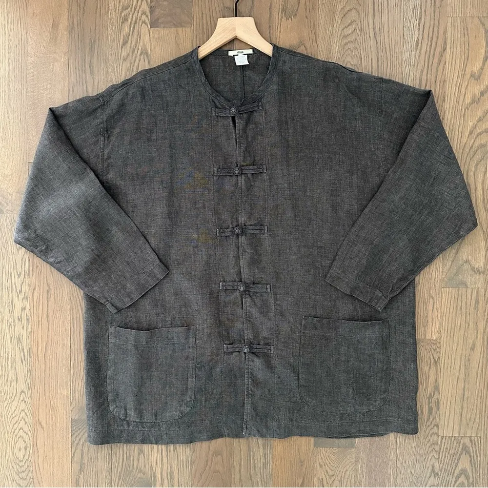 Dosa 100% Linen Crew Neck Chore Coat Jacket in Dark Brown Charcoal Size 3 M/L Gray Size M - Image 2
