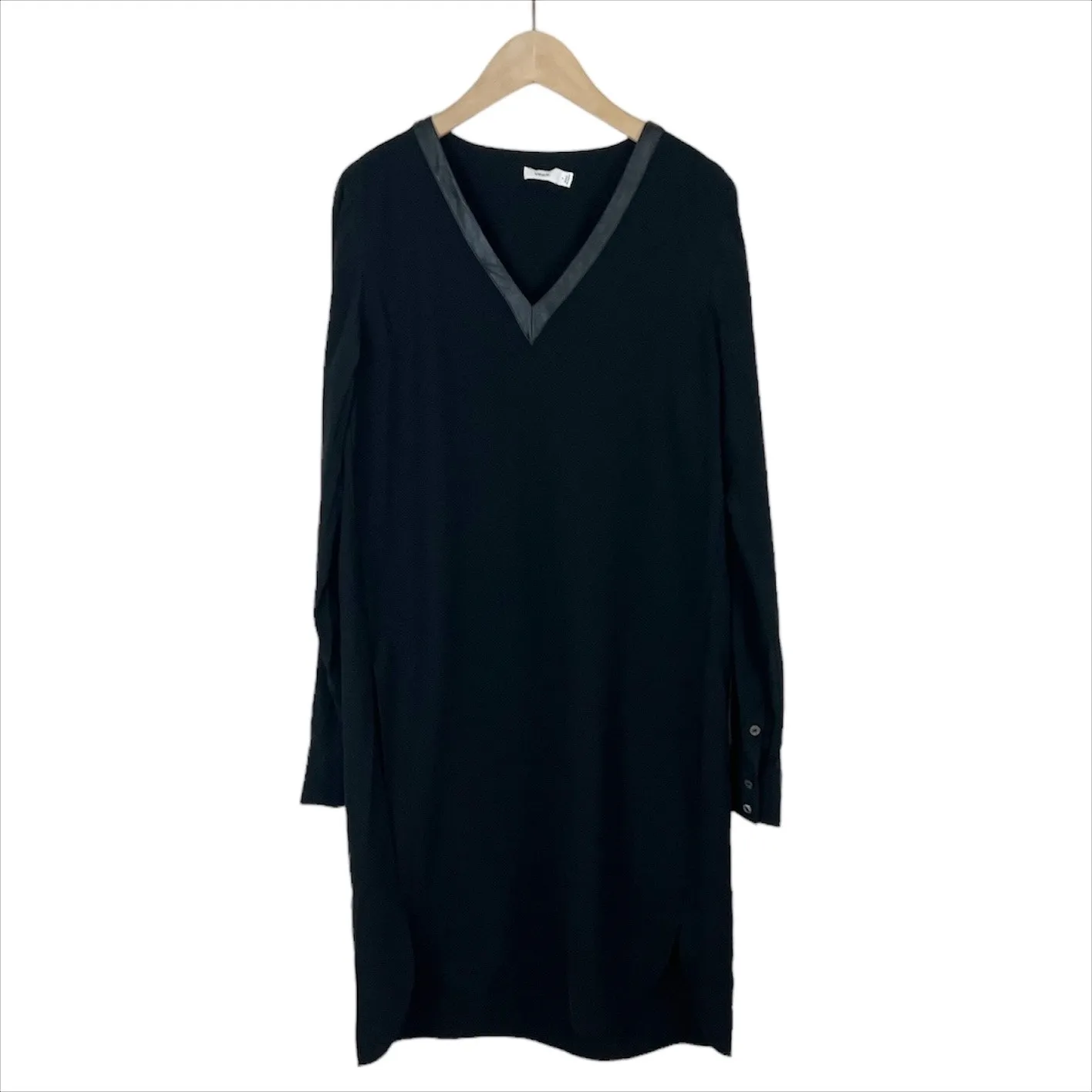 Vince Faux Leather Trim V-Neck Long Sleeve Shift Dress Size 2 Black - Image 2