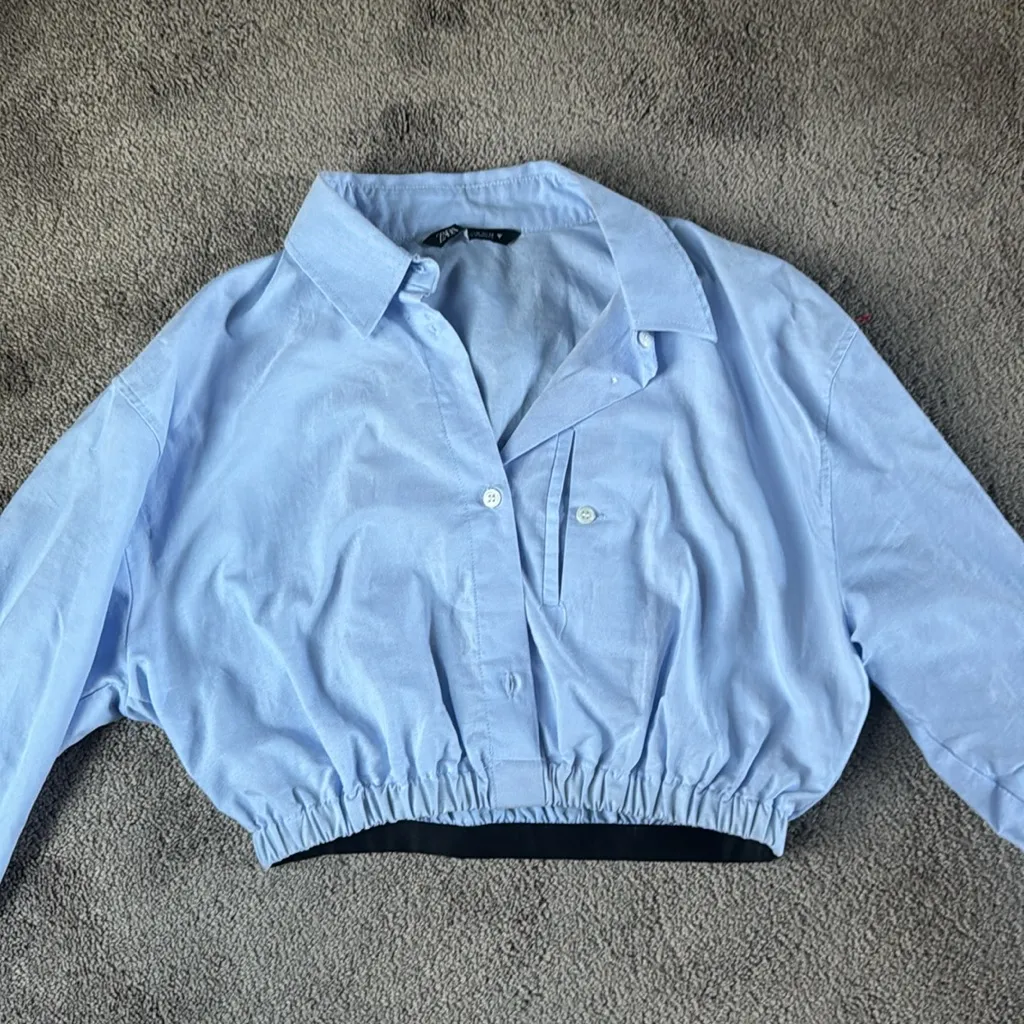 Zara Sky Blue Collared Cropped Button Down Shirt SIZE M - Image 4