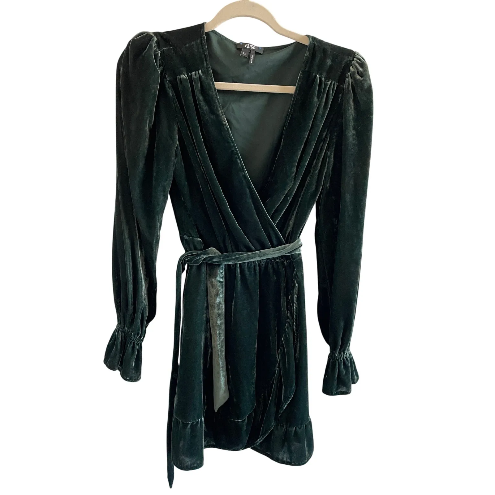 PAIGE Green Velvet Wrap Mini Dress Long Sleeve XS - Image 4