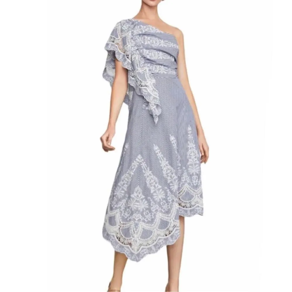BCBGMAXAZRIA NWOT  BCBG One Shoulder Embroidered Stripe Dress Blue Combo Size 14 - Image 3