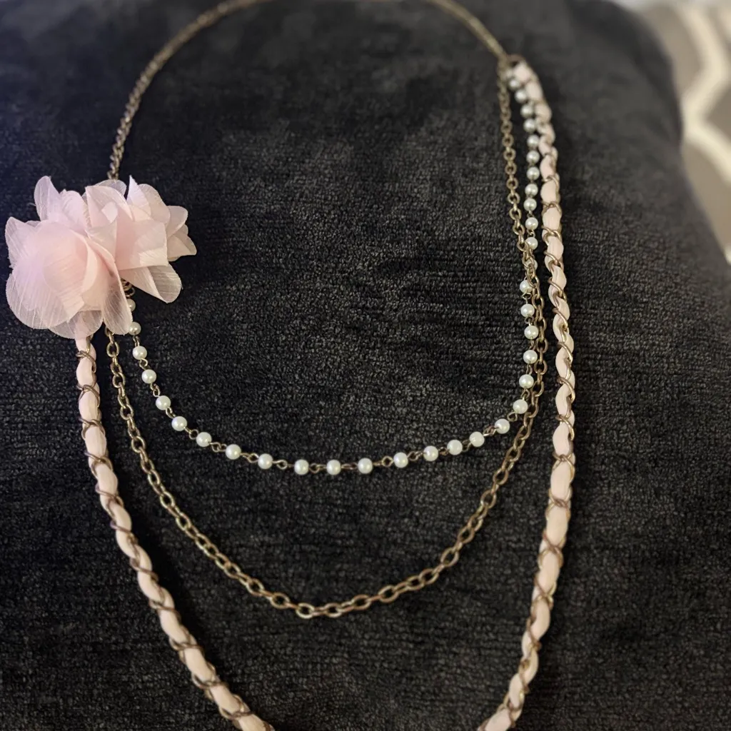 Vintage Blush Floral Chain Necklace Faux Pearls | Romantic Statement Piece 17in Gold - Image 2