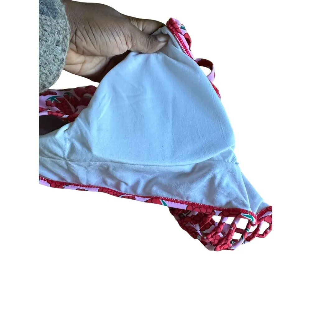 Womens Red Cropped Top Strawberry Print V neck Strappy Back Padded Size L NWOT Size L - Image 3