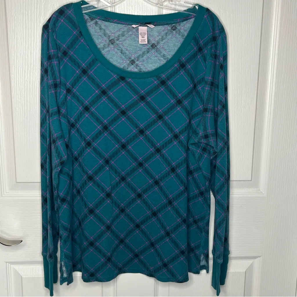 Victoria’s Secret Sz XL Long Pajama Set Teal Purple Black Argyle Plaid - Image 2