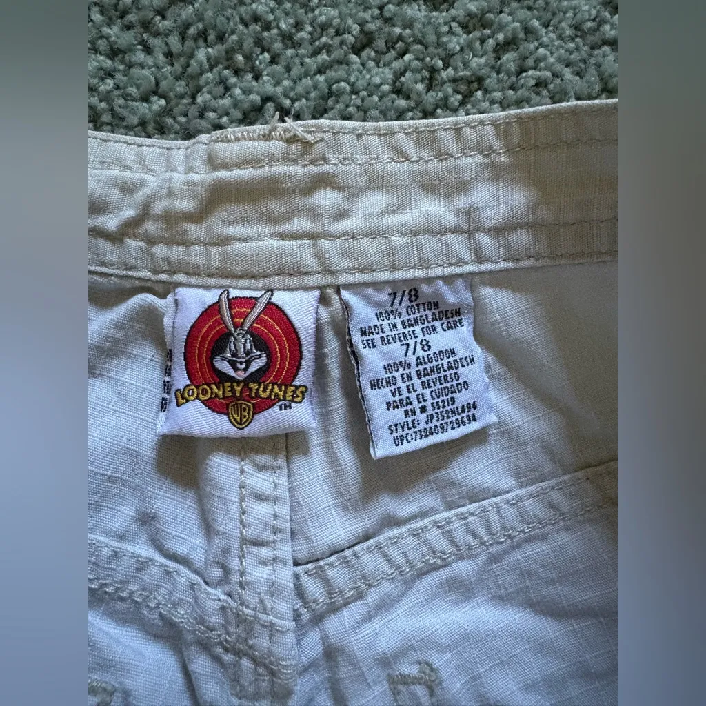 Vintage 1999 Looney Toons Tweety Cargo Pants Capris 90s Y2K Size 7/8 Beige - Image 7