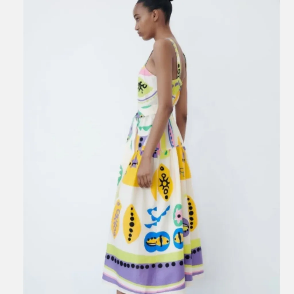 ZARA ABSTRACT COLORFUL PRINTED BUTTON DOWN MIDI DRESS XS - Image 3