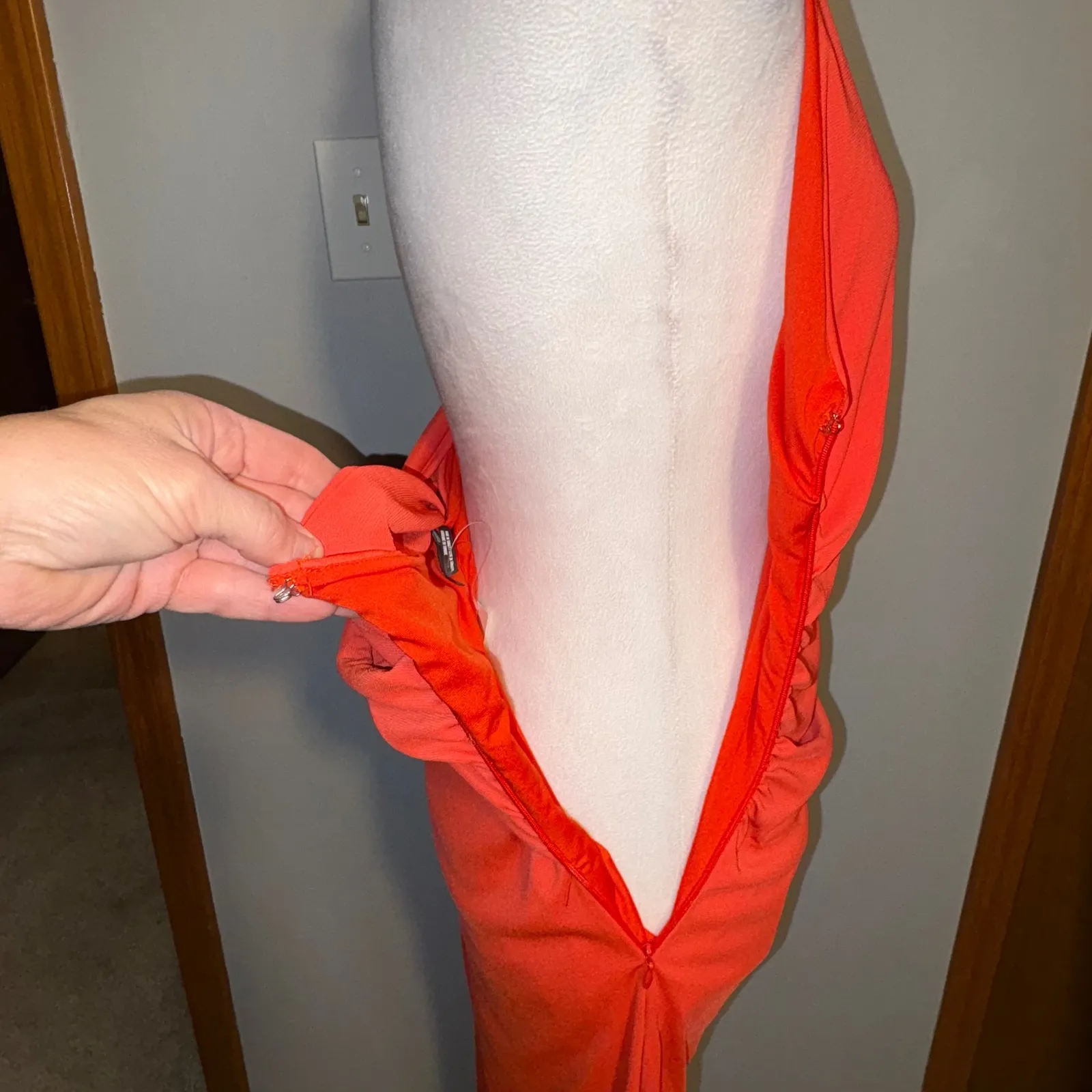 Anthropologie slinky knit Ruched Halter Neck Midi Dress Orange red - Image 5