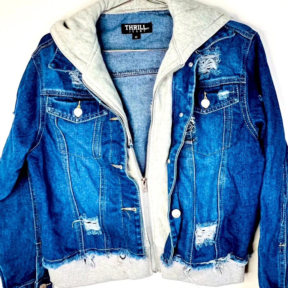 Thrill Jeans Chic Distressed Contrast Hooded Denim Jacket Pockets Size Medium - Image 3