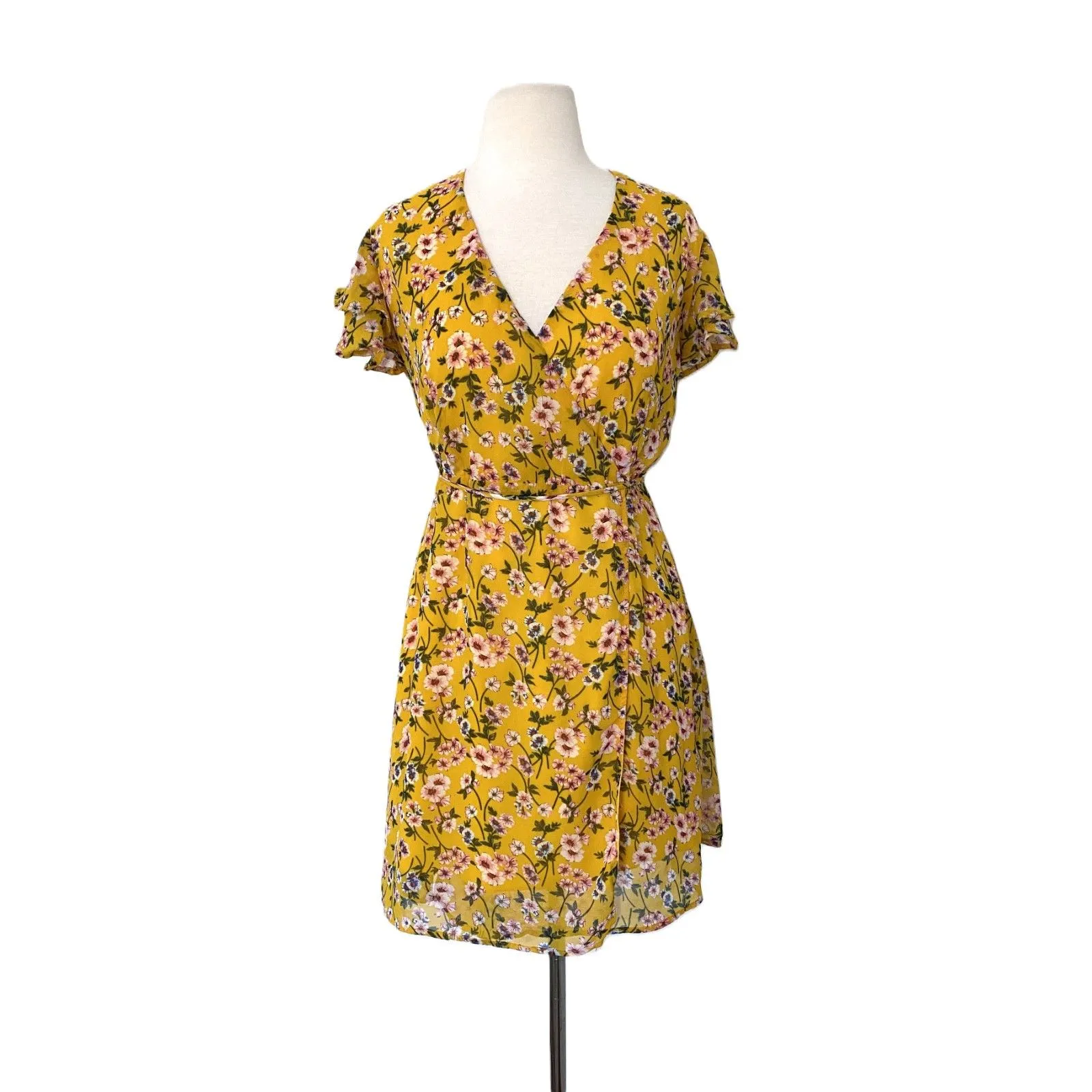 Harper Heritage Dora Yellow Floral Ruffle Mini Wrap Dress Playful Summer Chic M - Image 2