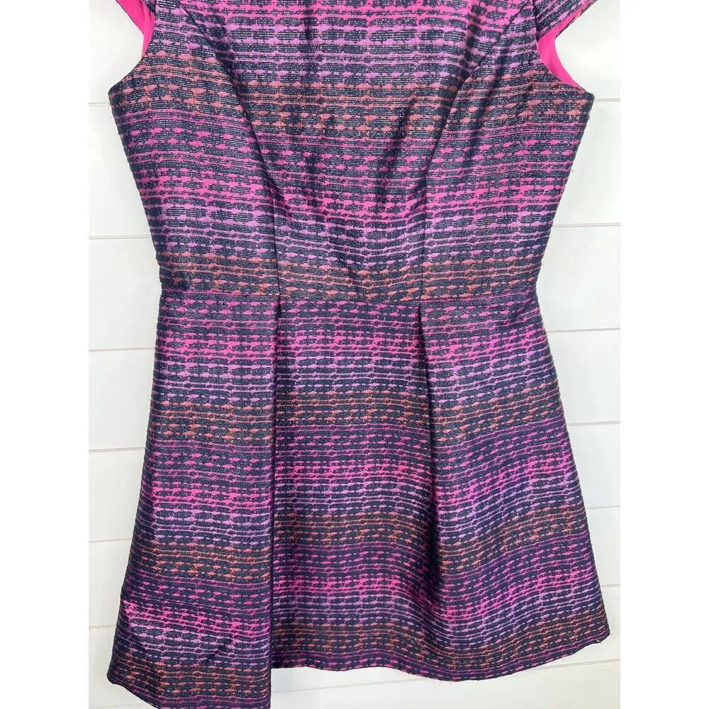 Vince Camuto Blue Pink Cap Sleeves Jacquard Pattern Fit & Flare Dress Size 8 - Image 3