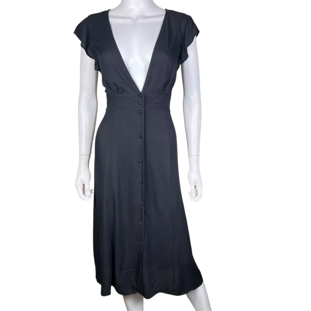 New Forever 21 Contemporary Deep Plunge V-Neck Black Midi Dress - Image 2