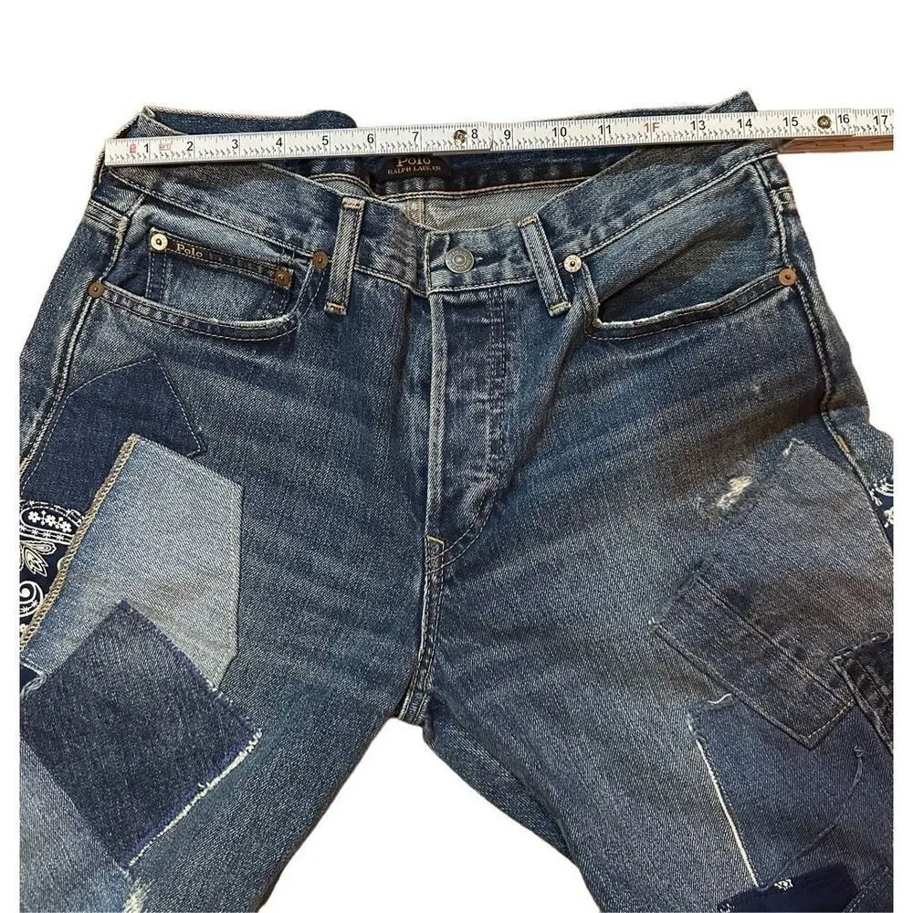 RARE** Polo Ralph Lauren Avery Indigo Patchwork Distressed Boyfriend Jean Sz 28 Blue - Image 9