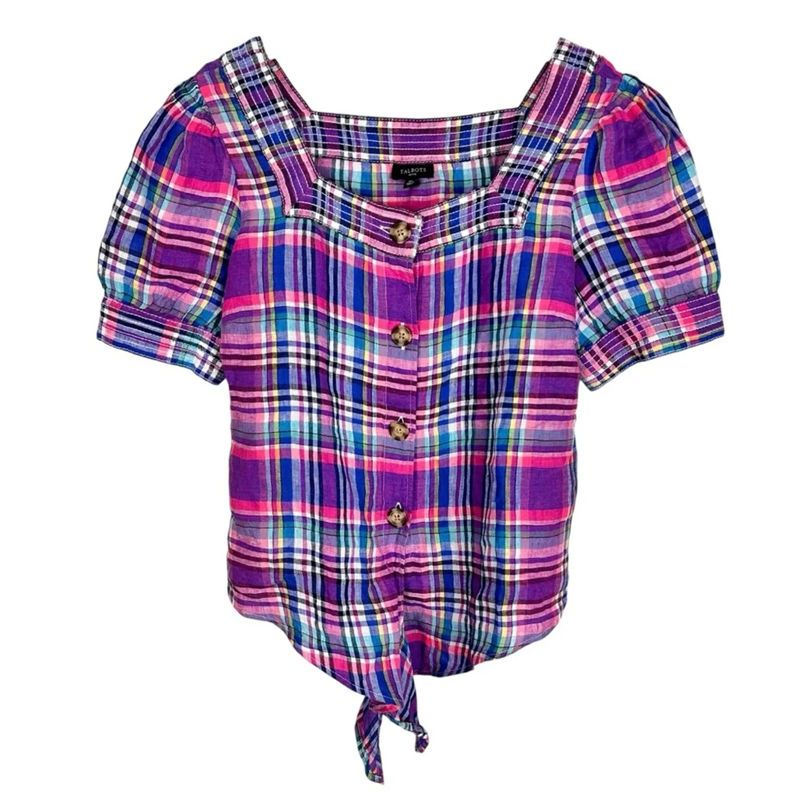 Talbots Linen Tie Plaid Pink Purple Puff Short Sleeve Blouse Sz Small Petite - Image 4