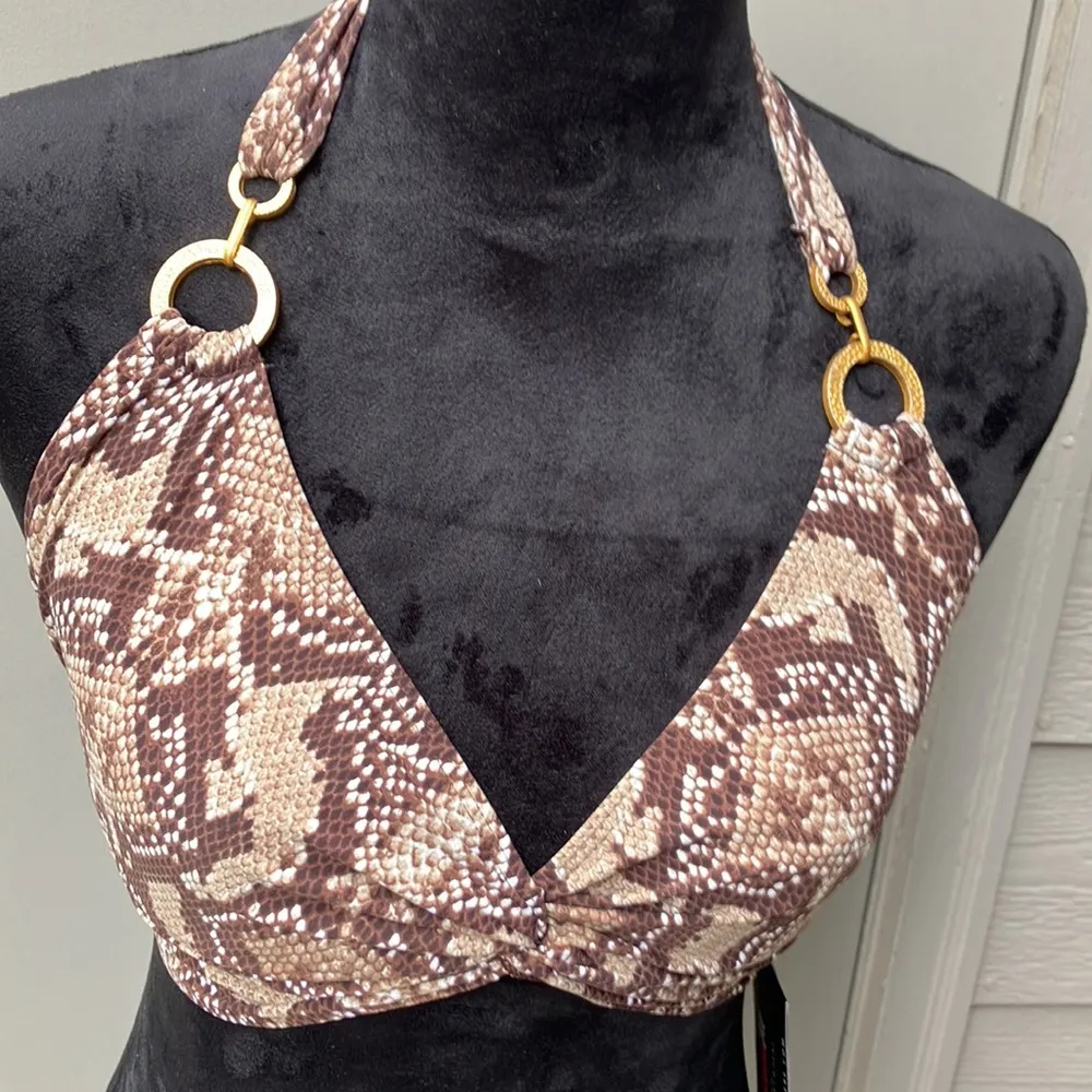 Coco Reef brown, tan, white reptile print halter style bikini top size 36/38 C - Image 3