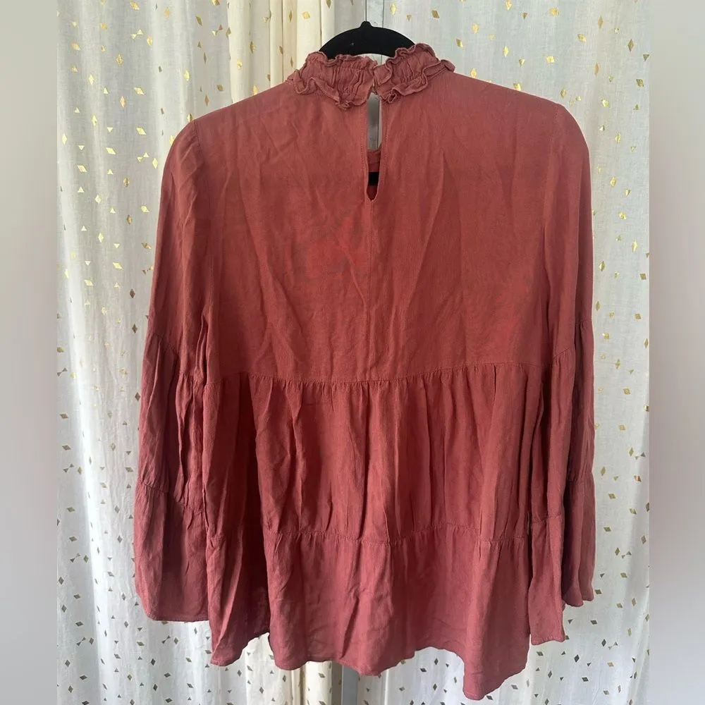 Zara Ruffle Mocked Neck Bell Sleeve Oversized Flowy Tiered Trapeze Blouse M - Image 6