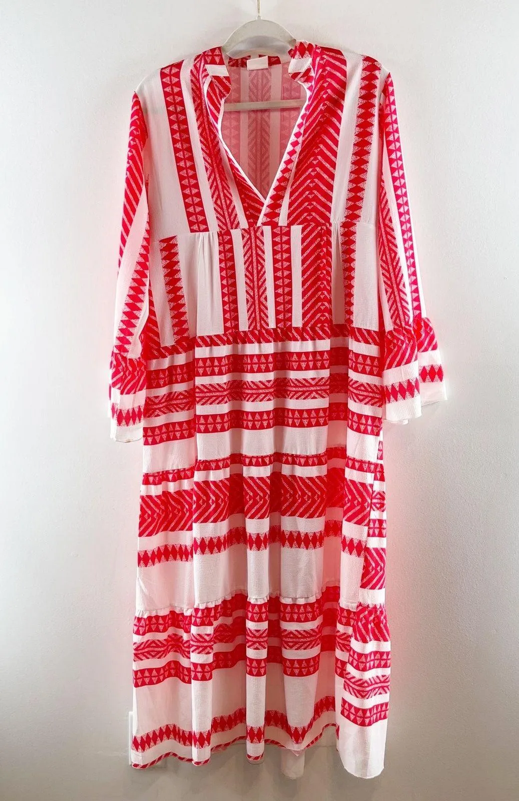 Silk & Salt V Neck Aztec Long Sleeve Midi Dress Red White Medium - Image 4