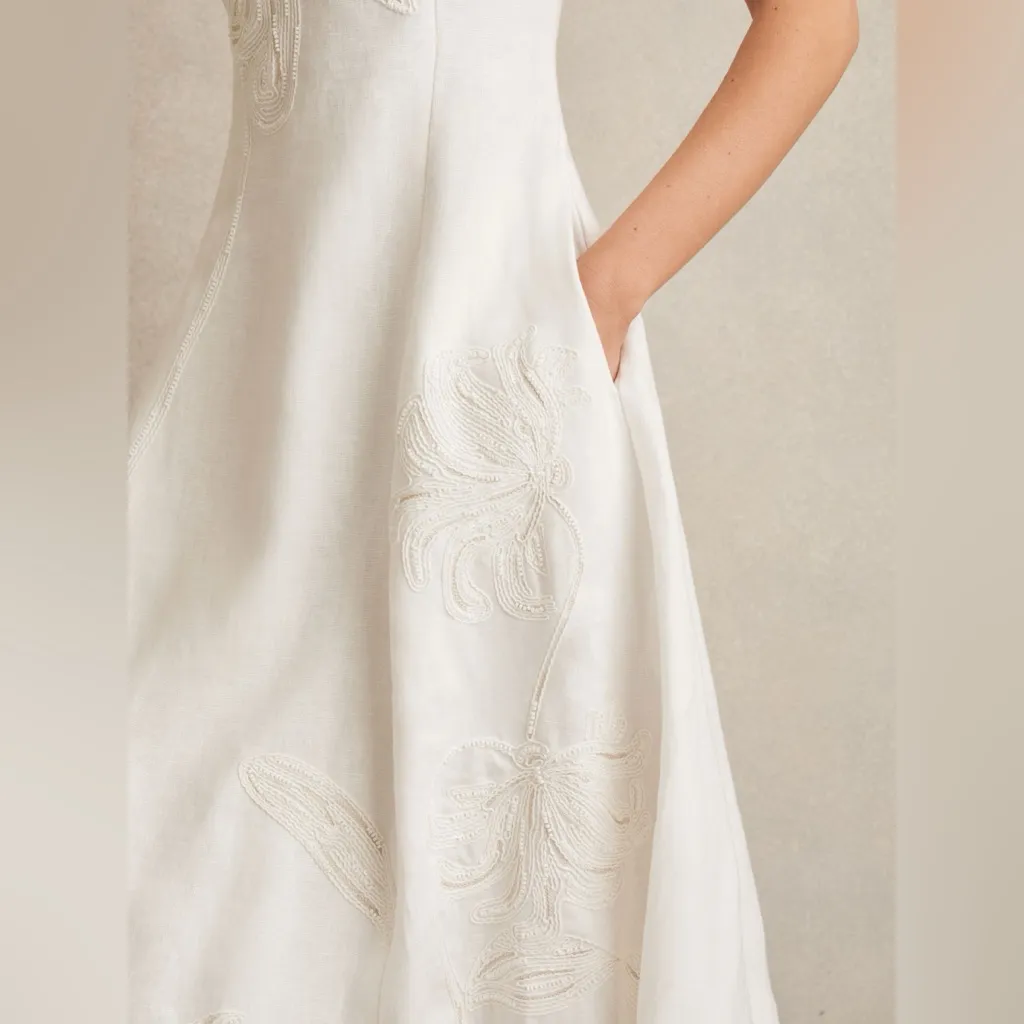 REISS Elise Linen Floral-Embroidered Midi Dress in Ivory, Size 4 US, $455 - Image 4