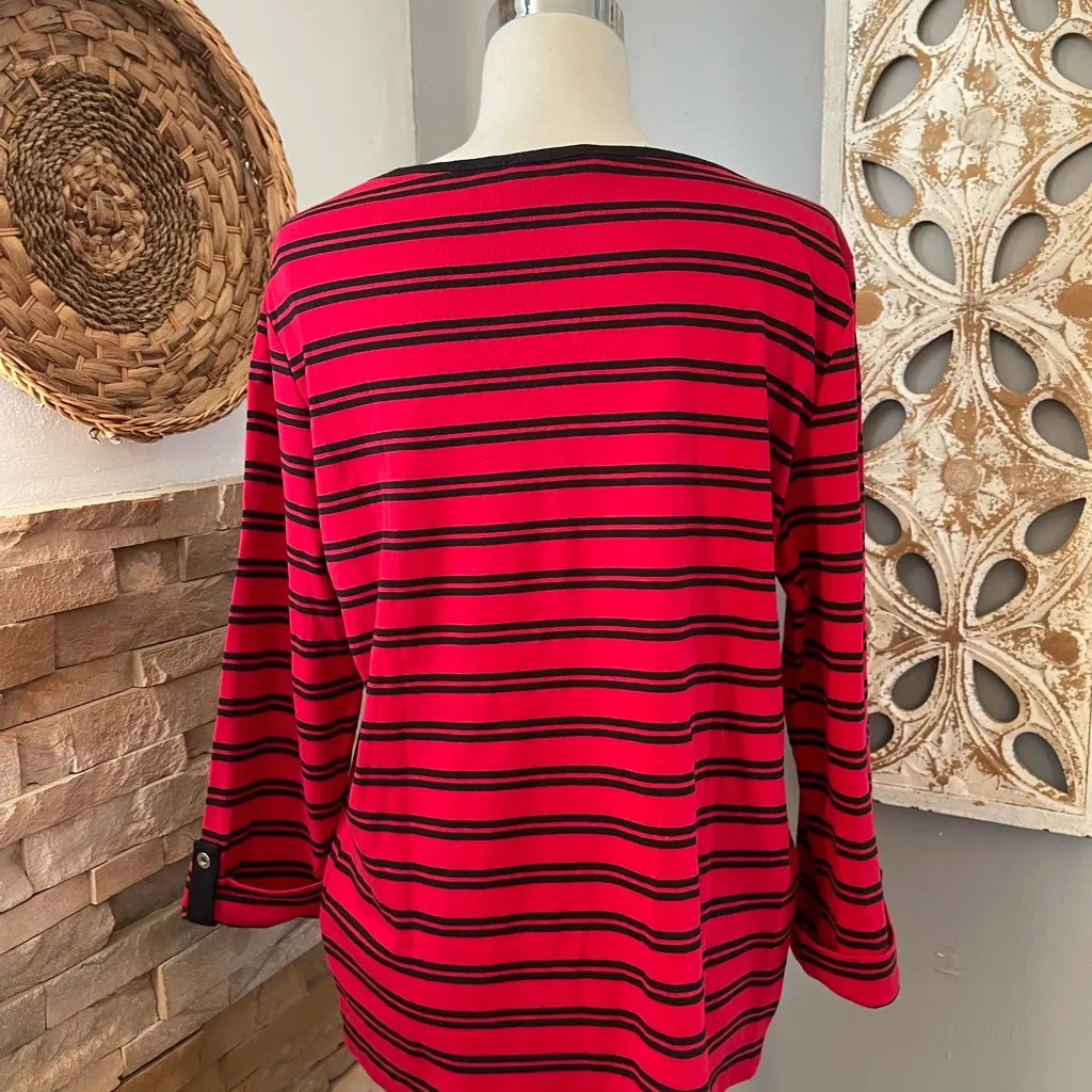 Jones New York Sport Vibrant Red and Black Striped classic Top - Image 3