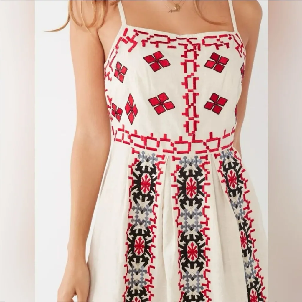 Urban Outfitters Cream, Red and Black Embroidered Midi Dress - Image 2