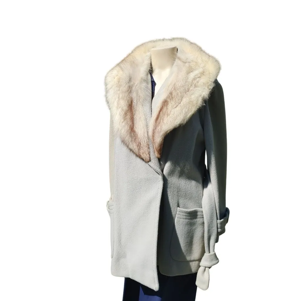 Real Fox Fur Collar Coat Belt Light Gray Wool Satin Lining Project or Parts Size 12 - Image 3