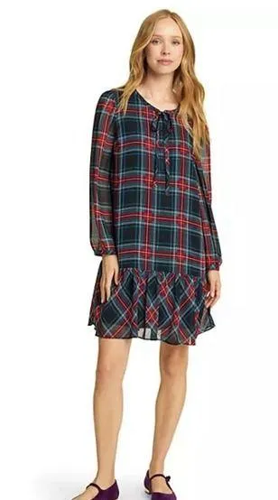 Draper James Plaid Tie Neck Ruffle Hem Dress Size Large Sheer Long Sleeve Preppy - Image 1