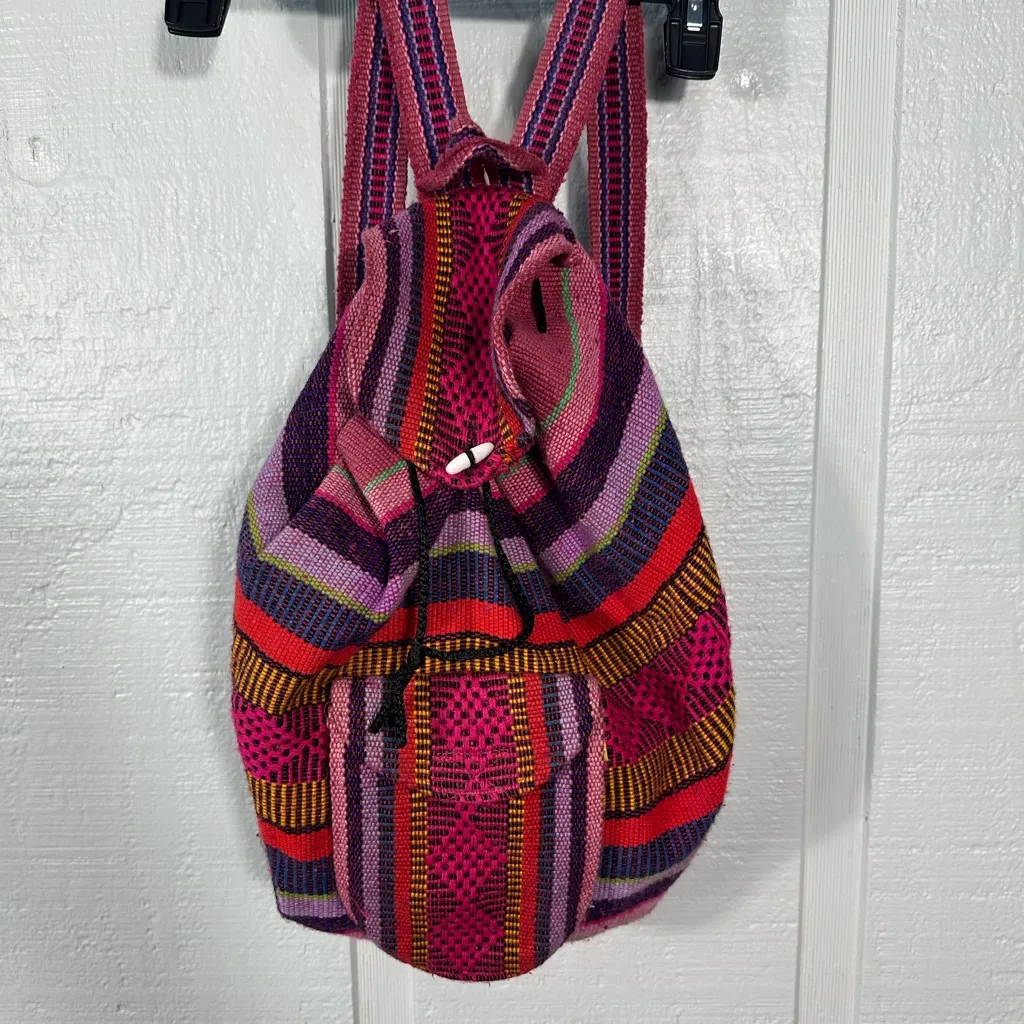 Artesanias Pinzon Women's Woven Drawstring Backpack Rainbow EUC - Image 2