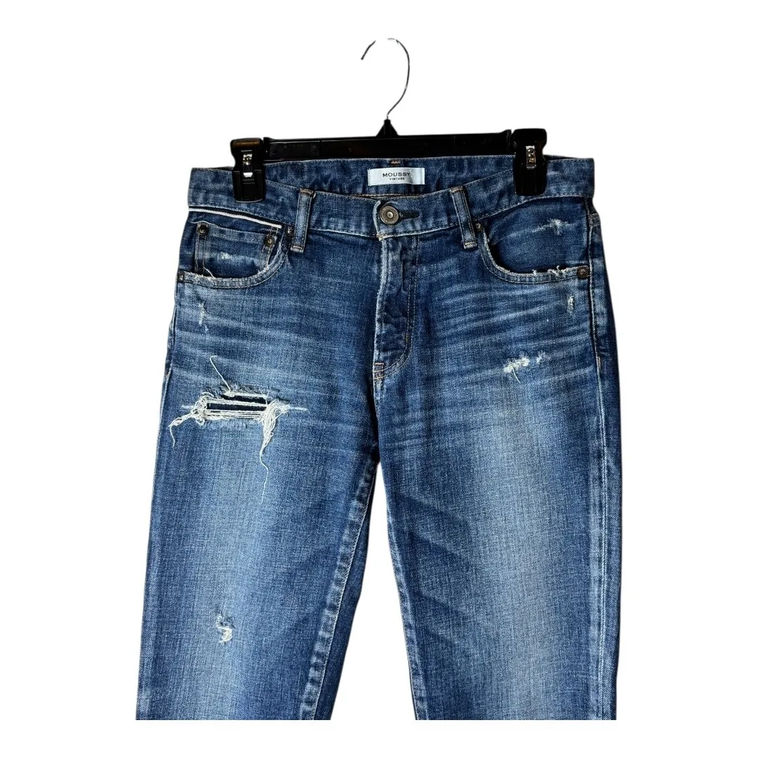 Moussy Jeans Women 27 Blue Medium Wash Distressed Japanese Denim Mid Rise Ankle - Image 3