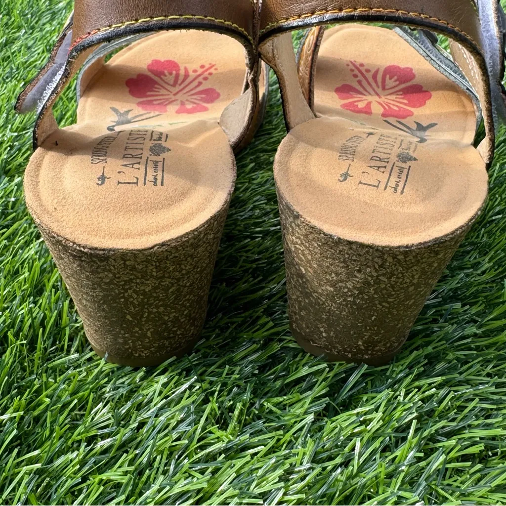 L'Artiste by Spring Step Tanja hand-painted leather wedge sandals Sz 38 (7-7.5) - Image 7