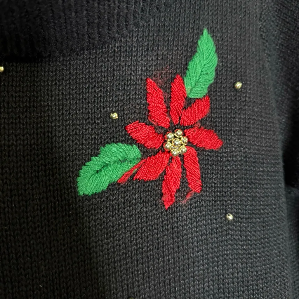 Vintage Victoria Jones Womens Beaded Ugly Christmas Sweater Poinsettias Medium‎ - Image 3
